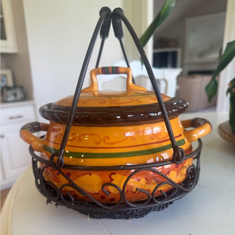 Handpainted Orange Bean Pot with Metal Carrier and Lid